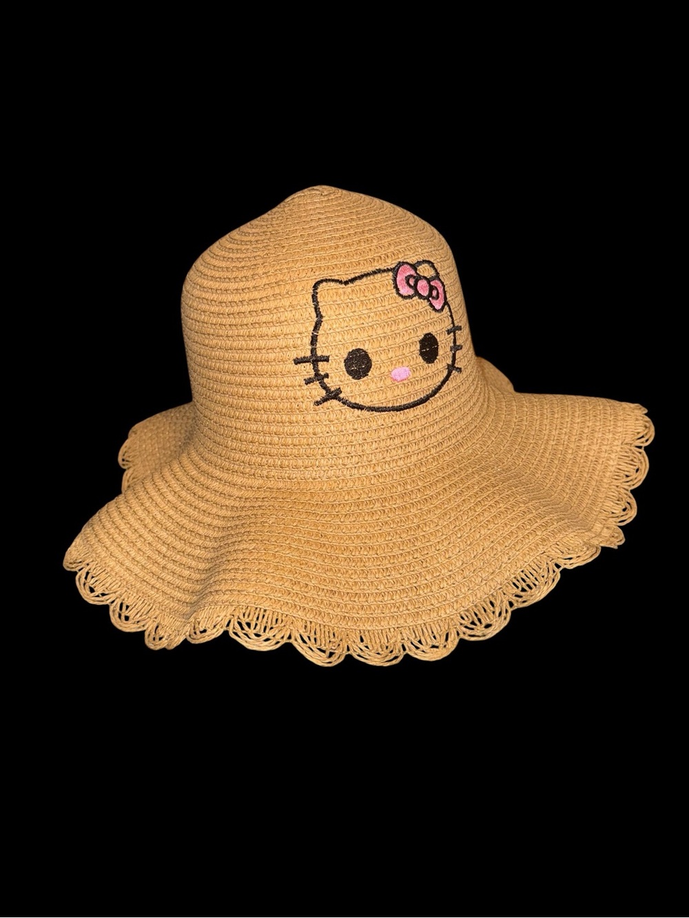 Hello Kitty Embroidered Straw Style Sun Hat Tan Wide Brim Scalloped Edge